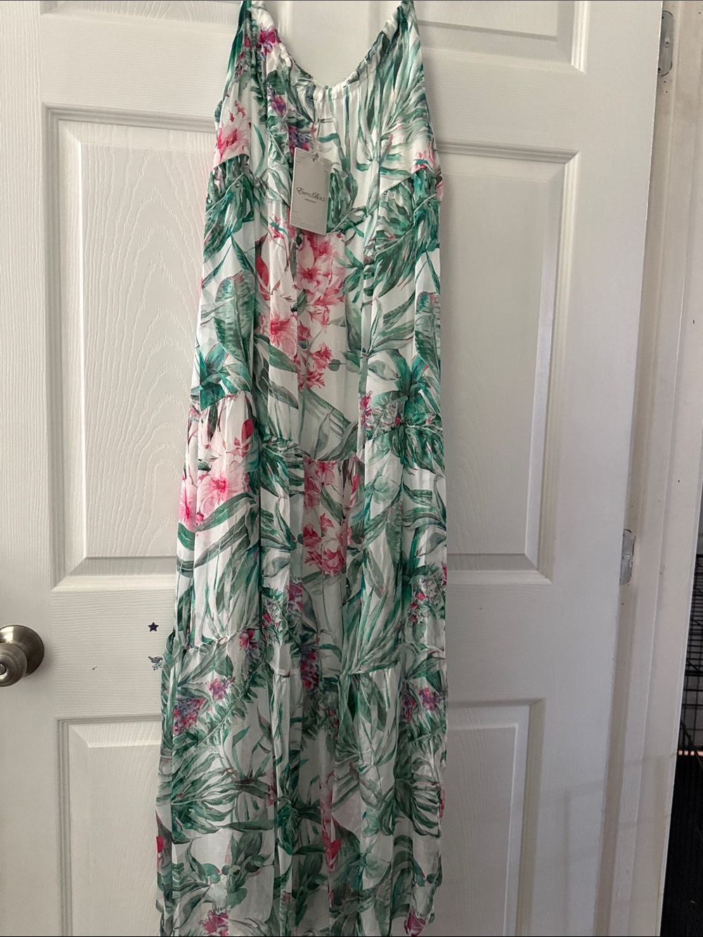 Green & Pink Tropical Print Maxi Dress with Spaghetti Straps - Picture 3 of 5